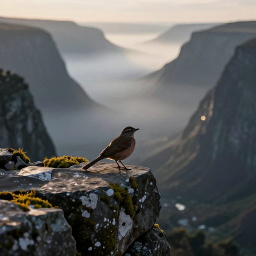 A solitary Accentor perched on a rugged stone, overlooking a vast, mist-filled valley at dawn.