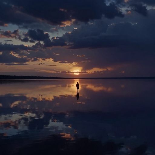A serene figure at the edge of a calm body of water, symbolizing acceptance.