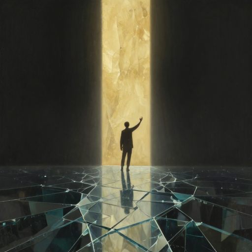 A solitary figure standing at a threshold, bathed in ambiguous light, symbolizing the negotiation of self-worth.