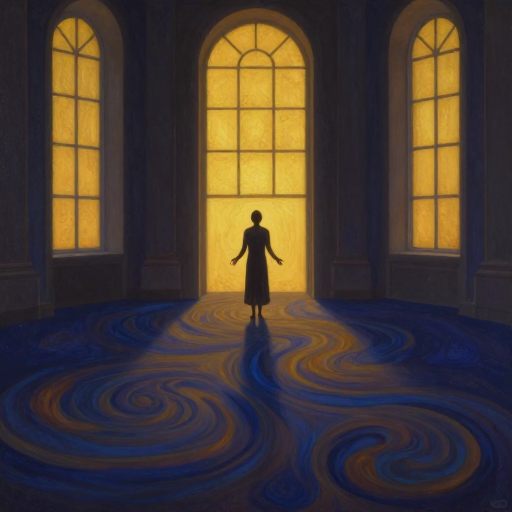 A figure achieves peace at a threshold, symbolizing self-acceptance and emotional integration.
