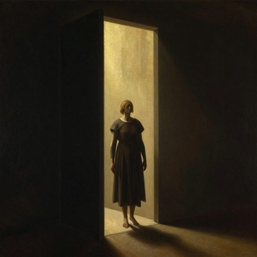 A solitary figure stands at a threshold under intense scrutiny.
