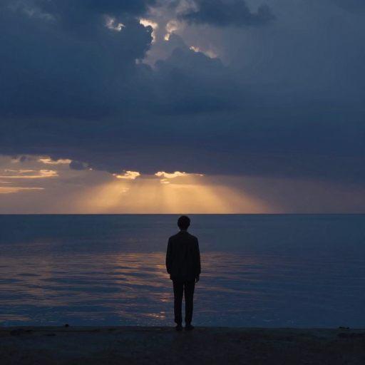 A figure stands at the edge of a vast, calm body of water, symbolizing acceptance after struggle.
