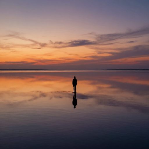 A solitary figure stands at the edge of a vast, calm body of water at twilight, mirroring a seamless transition between sky and liquid, symbolizing surrender and integration.
