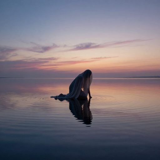 A figure resting in a vast, calm body of water at dawn.