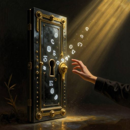 A hand reaching for a glowing sequence on an ancient, monolithic door.