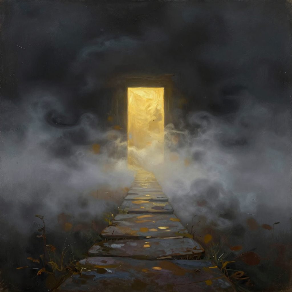 A solitary, winding path emerges from thick mist into brilliant light, symbolizing a necessary transition.