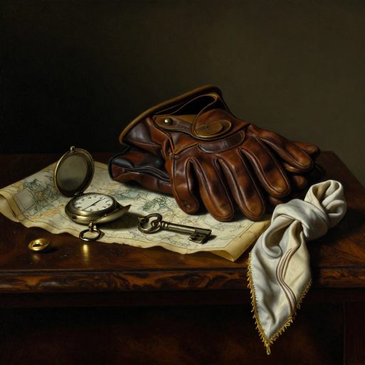 A collection of symbolic accessories piled under dramatic light.