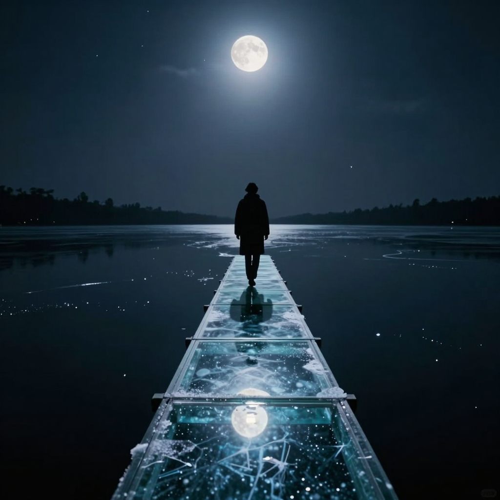 A solitary figure precariously balanced on a glass walkway over dark water.