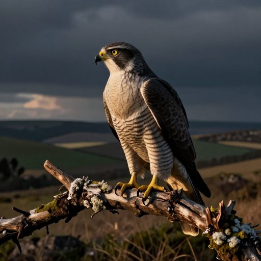 A focused raptor perched against a vast, twilight landscape, symbolizing intense subconscious observation.