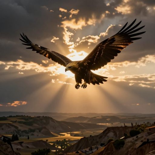 A solitary eagle soaring over a vast, transitional landscape, symbolizing high perspective and necessary endings.