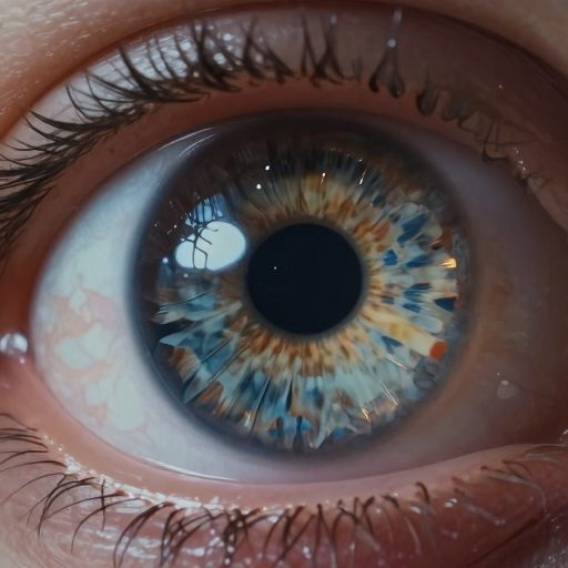 A macro view of a human eye with intricate, crystalline structures suggesting a lens implant, adapting to a shifting reality.