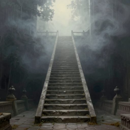 A solitary, monumental ladder extending into an ethereal void, symbolizing a necessary passage through transition.