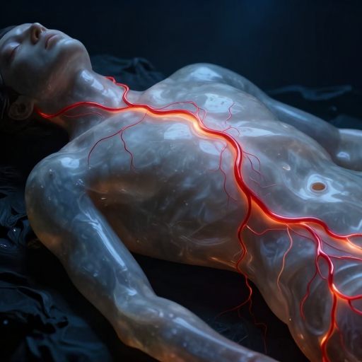 A luminous, crimson current flows through a translucent, sleeping form, symbolizing an inseparable emotional bond.