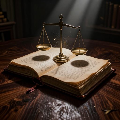 A massive, leather-bound ledger rests on an ancient scale, symbolizing the weighing of emotional balances.