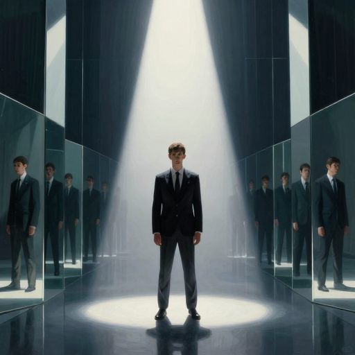 A solitary figure in a power suit stands under a blinding spotlight, surrounded by complex, mirrored glass structures, symbolizing high professional pressure.