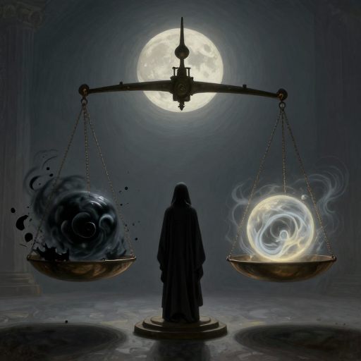 A solitary figure balances an ethereal scale in a vast, echoing chamber.