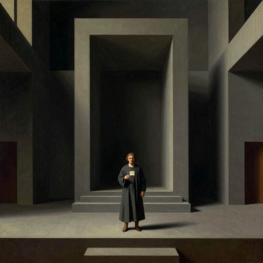 A solitary figure stands before a towering, faceless entity in a vast, echoing chamber, symbolizing scrutiny.