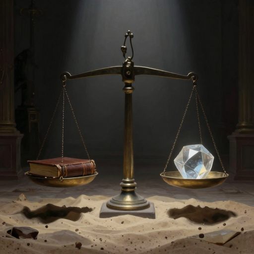 A delicate, crystalline scale balancing a single, heavy ledger against the weight of shifting sand.