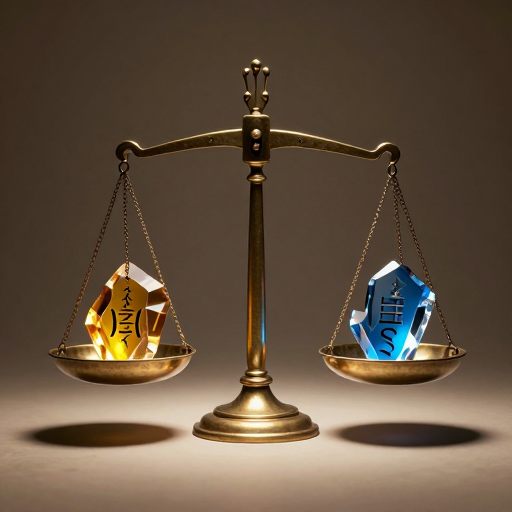 A fragile, crystalline balance scale weighed down by glowing numerical artifacts in an infinite void.