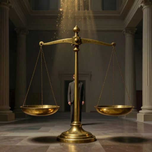 A solitary figure stands before an enormous, complex scale of balance in a vast, echoing architectural space, symbolizing the audit of one's life.