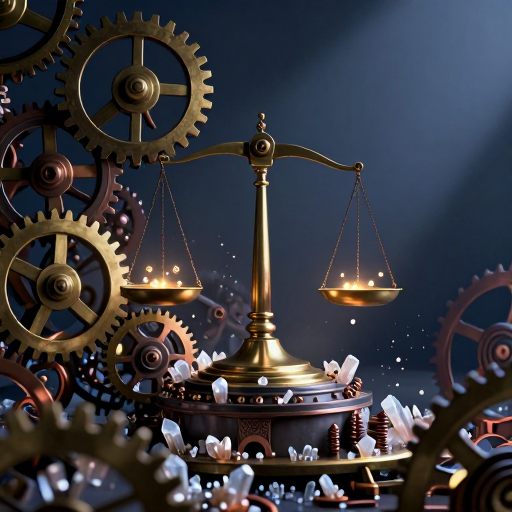 A colossal, intricate brass mechanism representing balanced scales, symbolizing subconscious reckoning.