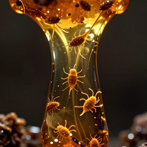 Viscous amber resin trapping microscopic forms, symbolizing emotional blockage.