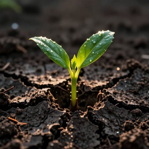 A single, vibrant shoot bursting through dark earth, symbolizing potential.