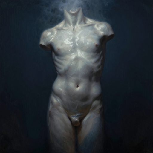 A torso adrift in a silent, reflective void.