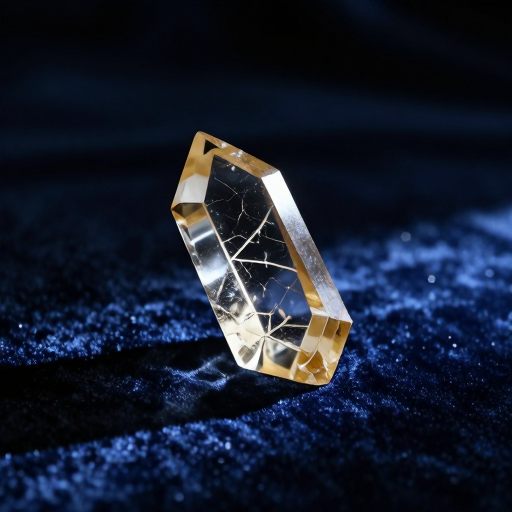 A single, razor-sharp shard of amber glass resting on dark velvet, illuminated by a focused shaft of moonlight.