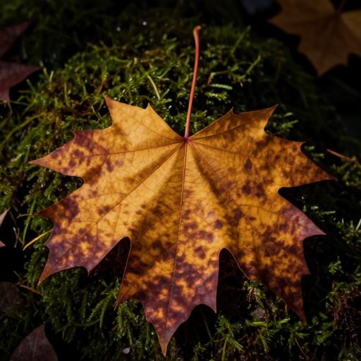 A single, magnificent Acer macrophyllum leaf rests on damp earth, symbolizing transition.