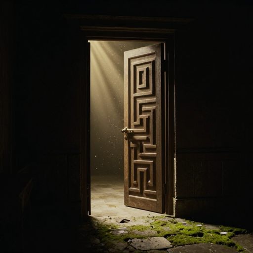 A labyrinth door echoing a cyclical return.