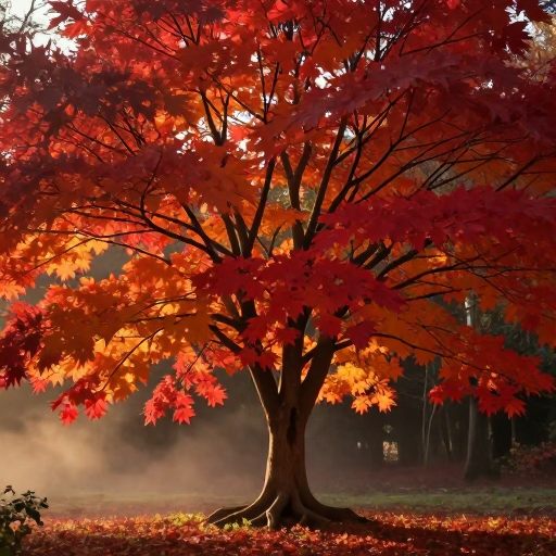 A vibrant red maple tree symbolizing emotional transition and the cycle of life.