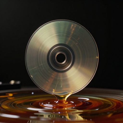A solitary, warped acetate disk floating in deep amber light, suggesting a fragile memory playback.
