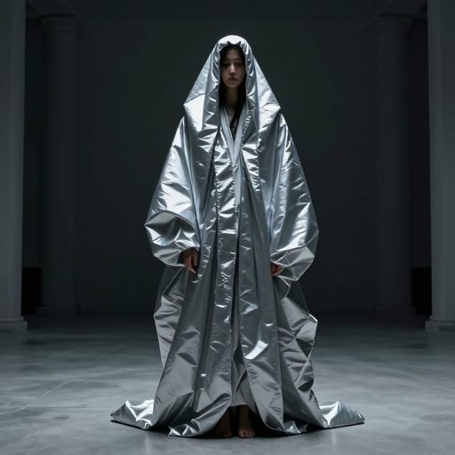 A figure draped in shimmering, artificial fabric, suggesting a necessary facade.