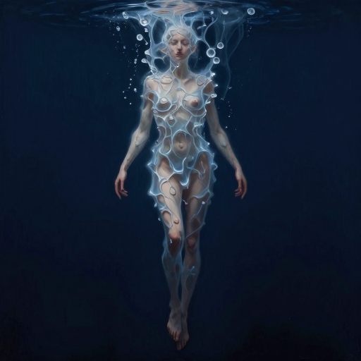A figure suspended in a volatile, translucent medium.
