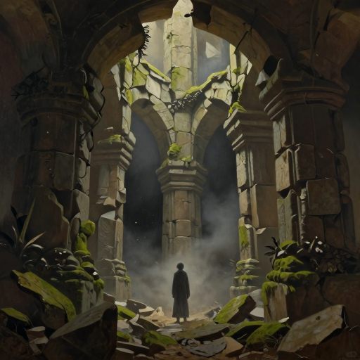 A lone figure stands before cyclopean, moss-covered ruins, symbolizing the enduring foundation of the self.