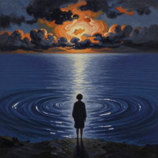 A solitary figure standing at a threshold of shifting sands, symbolizing confrontation with the subconscious self.