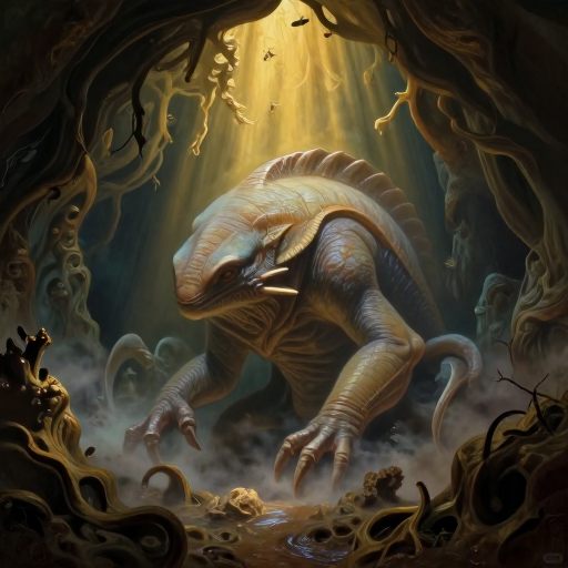 A powerful, ancient-looking creature symbolizing deep roots emerges from swirling earth.