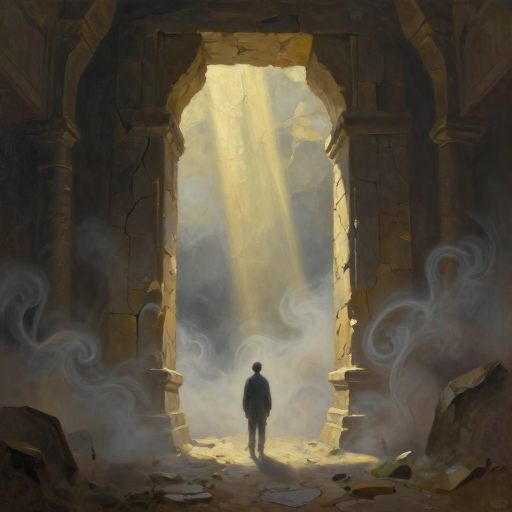 A solitary figure stands at the threshold of a vast, mist-filled passage, representing a psychological in-between state.