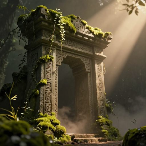A colossal, moss-covered threshold under a bruised sky.
