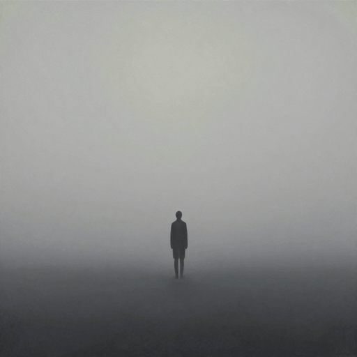 A solitary figure stands in a vast, diffused monochromatic landscape, embodying emotional neutrality.