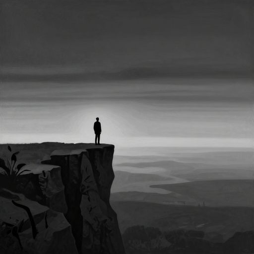 A figure gazing upon a stark, grayscale landscape, symbolizing objective emotional neutrality.