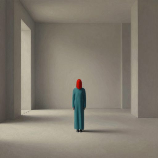 A figure stands in a vast, silent space, surrounded by a monochrome wash of muted tones, symbolizing emotional desaturation.