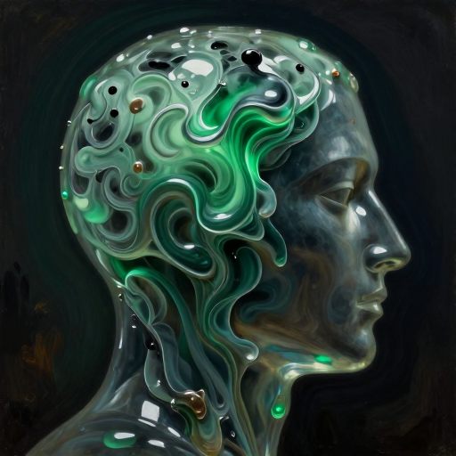 A stylized profile of a human head, translucent and overwhelmed by swirling, viscous emerald vapors, symbolizing cognitive corrosion.