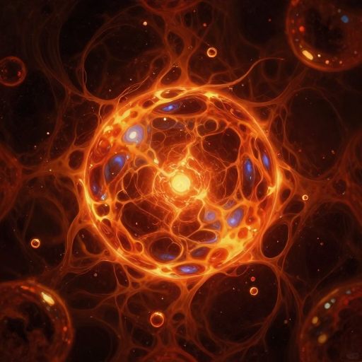 A single, glowing proton suspended in viscous, acidic medium.
