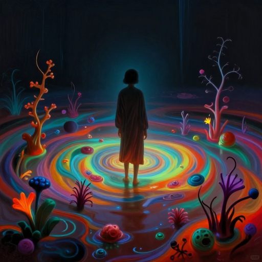 A figure amidst vibrant, corrosive waters.