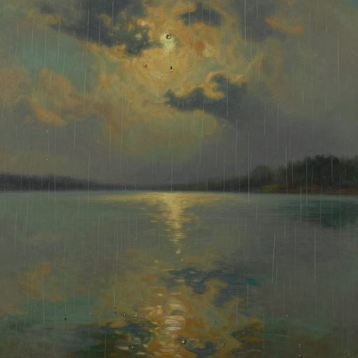 Corrosive rain falling onto a still, reflective body of water, symbolizing slow emotional toxicity.