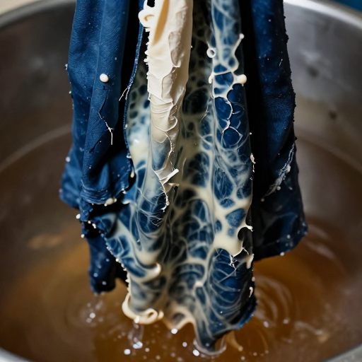 Distressed fabric undergoing a chemical transformation, symbolizing intense personal change.