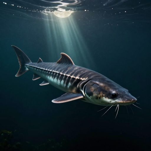 A majestic sturgeon gliding through dark, primordial waters.