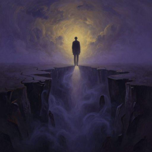 A figure stands at the edge of a swirling void, symbolizing a psychological threshold.